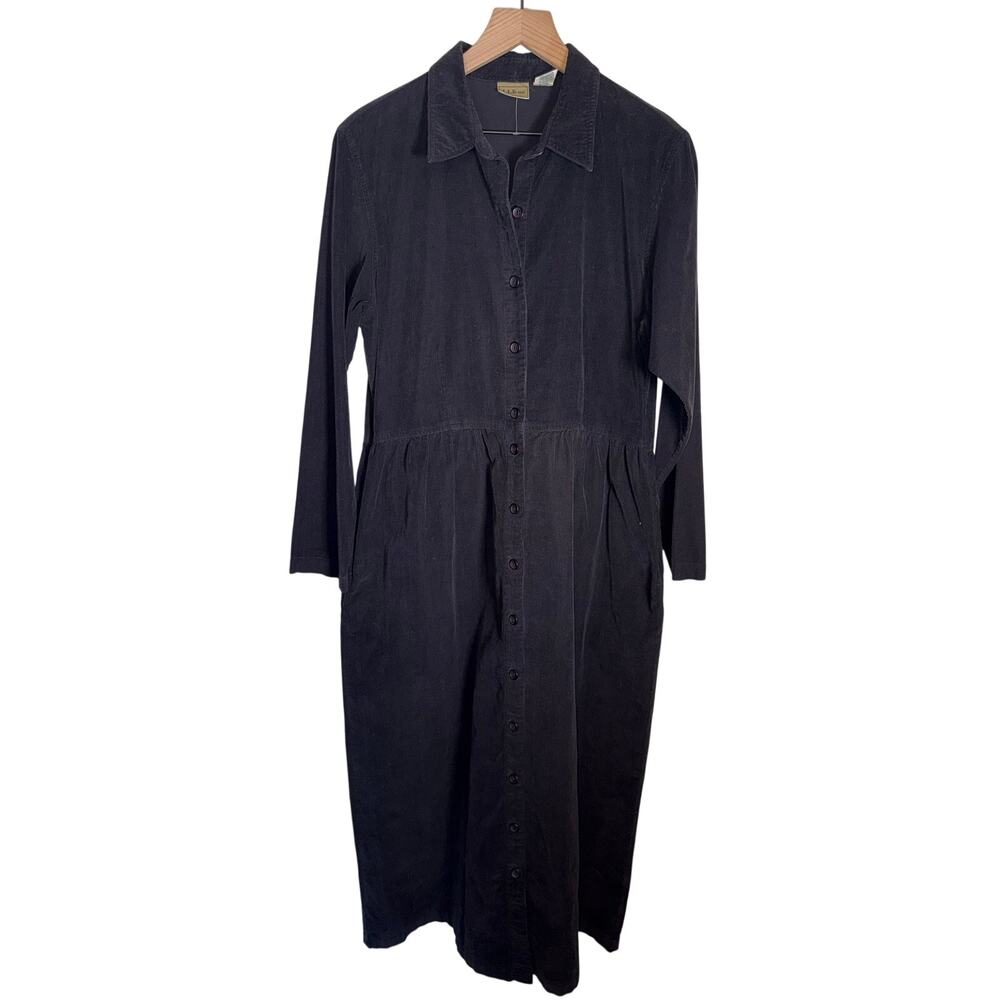 VINTAGE L.L. BEAN corduroy mature full length button up collared shirt dress 14